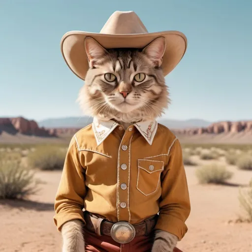 Prompt: cat in the style of Wes Anderson dressed in western clothing and cowboy hat in the desert

