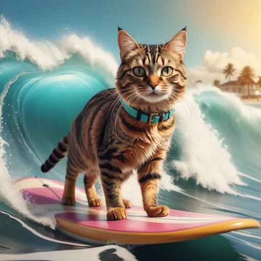 Prompt: Tabby cat surfing an ocean wave in classic surfing pose, (Wes Anderson style), ultra-realistic, vibrant colors, whimsical atmosphere, symmetrical composition, detailed fur textures, wearing swimsuit, playful poses, surfboard with quirky design, sunny beach setting, retro vintage vibe, soft focus background, cinematic depth, balanced lighting, high detail, 4K quality.