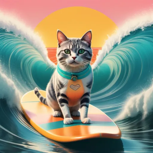 Prompt: (female cat wearing bikinis), surfing on a vibrant ocean wave, (cinematic style of Wes Anderson) with symmetrical composition, whimsical color palette, retro vibes, sunshine reflecting off the water, dynamic wave details, playful expression, high-quality imagery, enchanting and realistic atmosphere, charming and whimsical setting, ultra-detailed, storytelling essence.