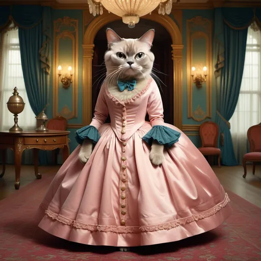 Prompt: Female Burmese long hair cat (Wes Anderson style), dressed in British Victorian ballgown, set in an elaborately grand large ballroom, bold and quirky colors, symmetrical composition, quirky and cinematic vibes, detailed cat features, stylish period ballgown, lively atmosphere, ultra-detailed, vibrant elements.