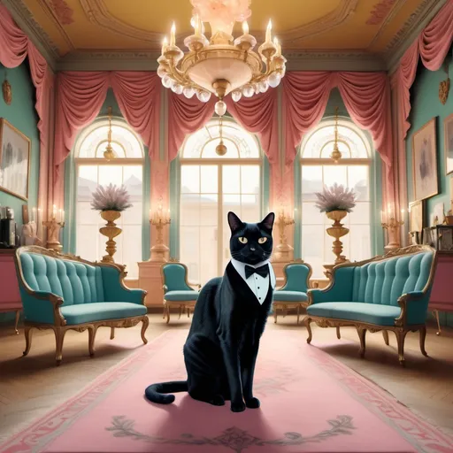 Prompt: (tuxedo cat), (Wes Anderson style), dressed in British Victorian ballgown, set in an elaborately ornate ballroom landscape, bold and quirky pastel colors, symmetrical composition, quirky and cinematic vibes, detailed cat features, stylish period ballgown, warm candlelight candelabras casting shadows, serene atmosphere, ultra-detailed, vibrant elements.