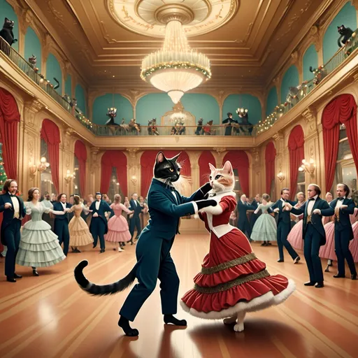 Prompt: Tow cats ballroom dancing together (Wes Anderson style), dressed in Victorian clothing appropriate for a ball, set in an elaborately grand large ballroom in the style of grand holiday ball with Christmas tree in the background (elaborate decorations), bold colors, symmetrical composition, quirky and cinematic vibes, detailed cat features, lively atmosphere, ultra-detailed, vibrant elements.