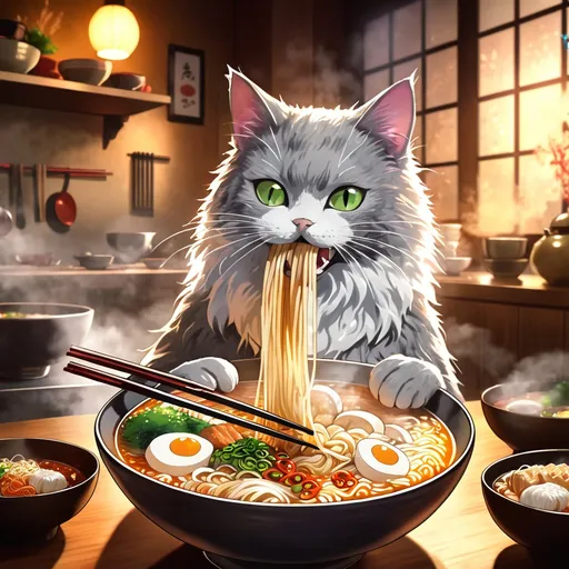 Prompt: (gray and white fluffy tux cat eating ramen),chopsticks , cozy kitchen setting, warm lighting, detailed textures of the fur, expressive eyes, steam rising from the ramen, colorful toppings, soft ambiance, inviting atmosphere, high quality, ultra-detailed, vibrant colors for food contrast, focus on the cat's engagement with the bowl.