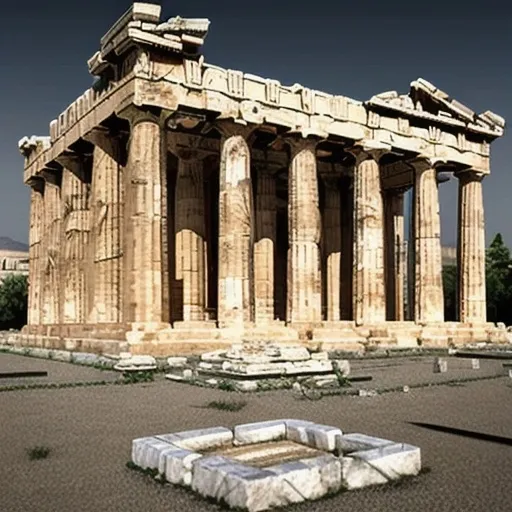 Prompt: Ancient Greek temple-inspired bodybuilding gym, Parthenon exterior, marble statues, gym equipment, columns, high resolution, realistic, temple, marble, classical, gym equipment, detailed statues, indoor columns, natural lighting, atmospheric