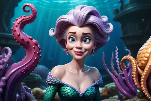 Prompt: Scarry Ursula from Disney's Little Mermaid reimagined as photorealistic as possible Ursula von der Leyen, 3D rendering, detailed tentacles, vibrant colors, cartoon style, oceanic background, regal and majestic, high quality, Disney style, vibrant colors, detailed tentacles, 3D rendering, oceanic background, regal and majestic