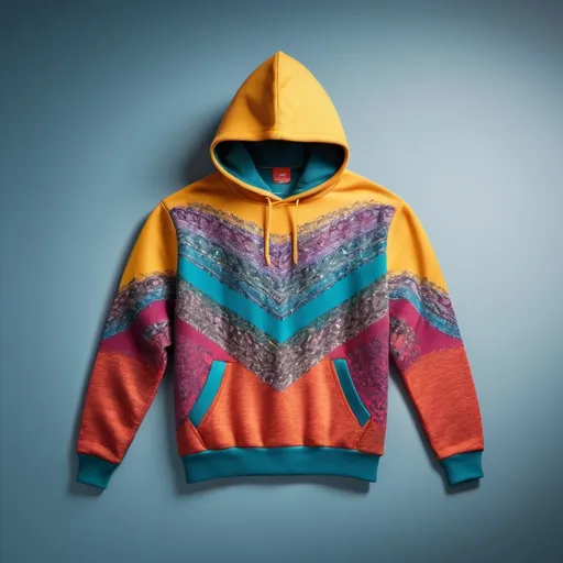 Prompt: professional product photo of a colorful hoodie, floating suspended midair, intricate fabric details, fashion product catalog image, behance hd, studio lighting, front view, square image
