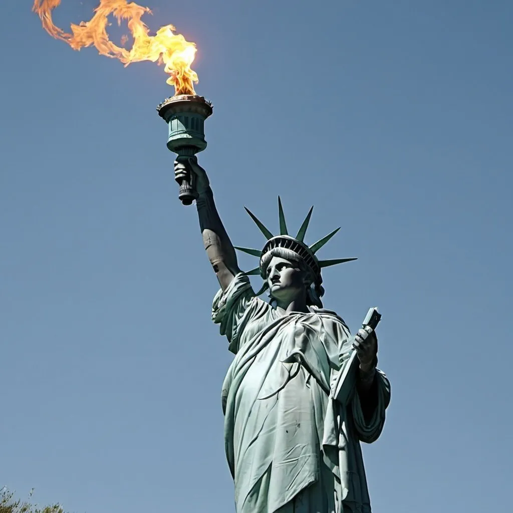 Prompt: the statue of liberty defiantly holding her torch on July 4th at the Mexican  border