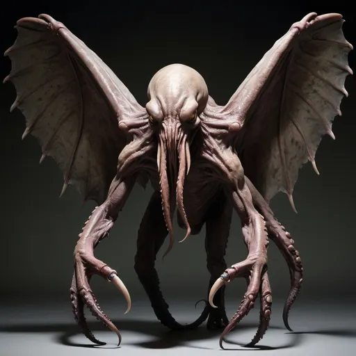 Prompt: "Create a hyper-realistic and terrifying image of a monstrous figure with a vaguely anthropoid outline. The creature should have an octopus-like head, with its face covered in a mass of writhing feelers. Its body should appear scaly and rubbery, with an eerie sheen, and it should possess prodigious, razor-sharp claws on both its hind and fore feet. Add long, narrow, and tattered wings protruding menacingly from its back. Use dark and ominous colors, with shadows and highlights to accentuate its terrifying presence and evoke a sense of dread and unease."