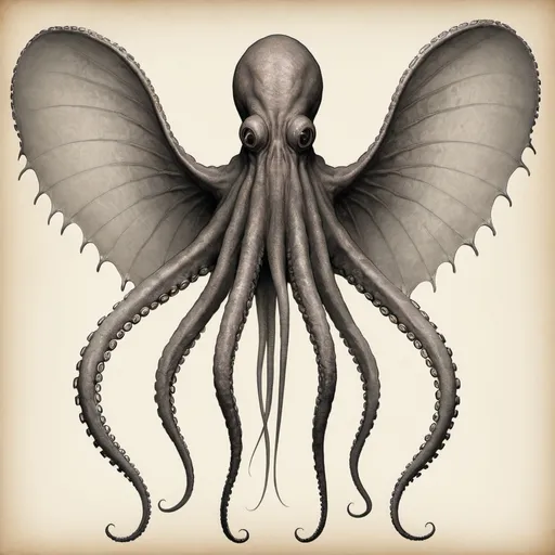 Prompt: Create an image of a monstrous figure with a vaguely anthropoid outline. The creature should have an octopus-like head, with its face covered in a mass of feelers. Its body should look scaly and rubbery, with prodigious claws on both its hind and fore feet. Additionally, it should have long, narrow wings protruding from its back