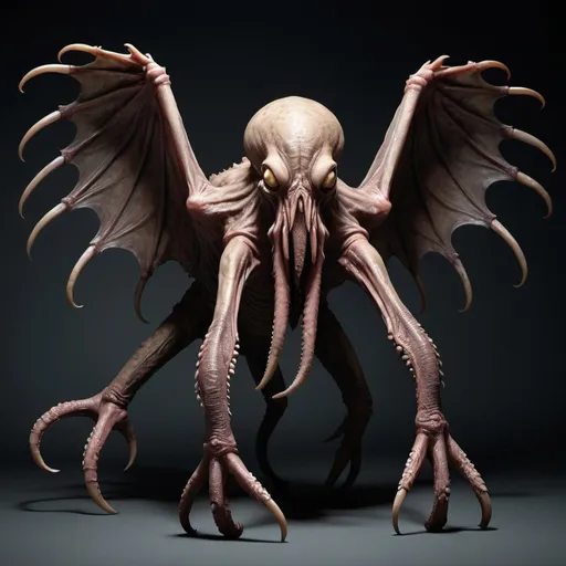 Prompt: "Create a hyper-realistic and terrifying image of a monstrous figure with a vaguely anthropoid outline. The creature should have an octopus-like head, with its face covered in a mass of writhing feelers. Its body should appear scaly and rubbery, with an eerie sheen, and it should possess prodigious, razor-sharp claws on both its hind and fore feet. Add long, narrow, and tattered wings protruding menacingly from its back. Use dark and ominous colors, with shadows and highlights to accentuate its terrifying presence and evoke a sense of dread and unease."