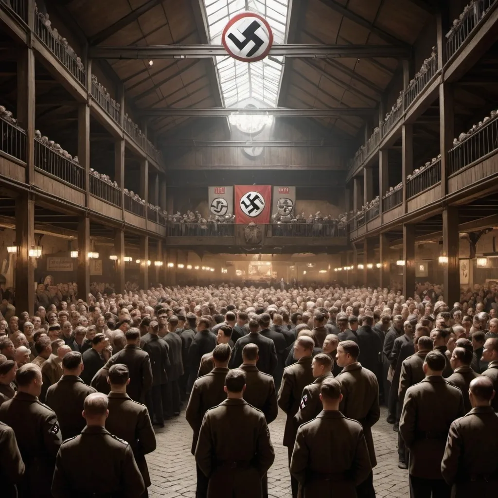 Prompt: l rally in a dimly lit beer hall, where figures of the Nazi party stand in the foreground, and angry crowds gather. The atmosphere is filled with uncertainty, reflecting the political chaos of the period."