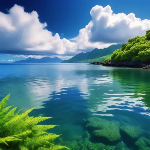 Prompt: Ocean view with clouds, (serene), gentle waves, vibrant green foliage in the foreground, radiating sunlight casting reflections on the water, scenic coastal ambience, (HD), vivid colors, airy atmosphere, distant mountains blending into the horizon, tranquil vibes, clear blue skies interspersed with fluffy white clouds, nature's harmony.