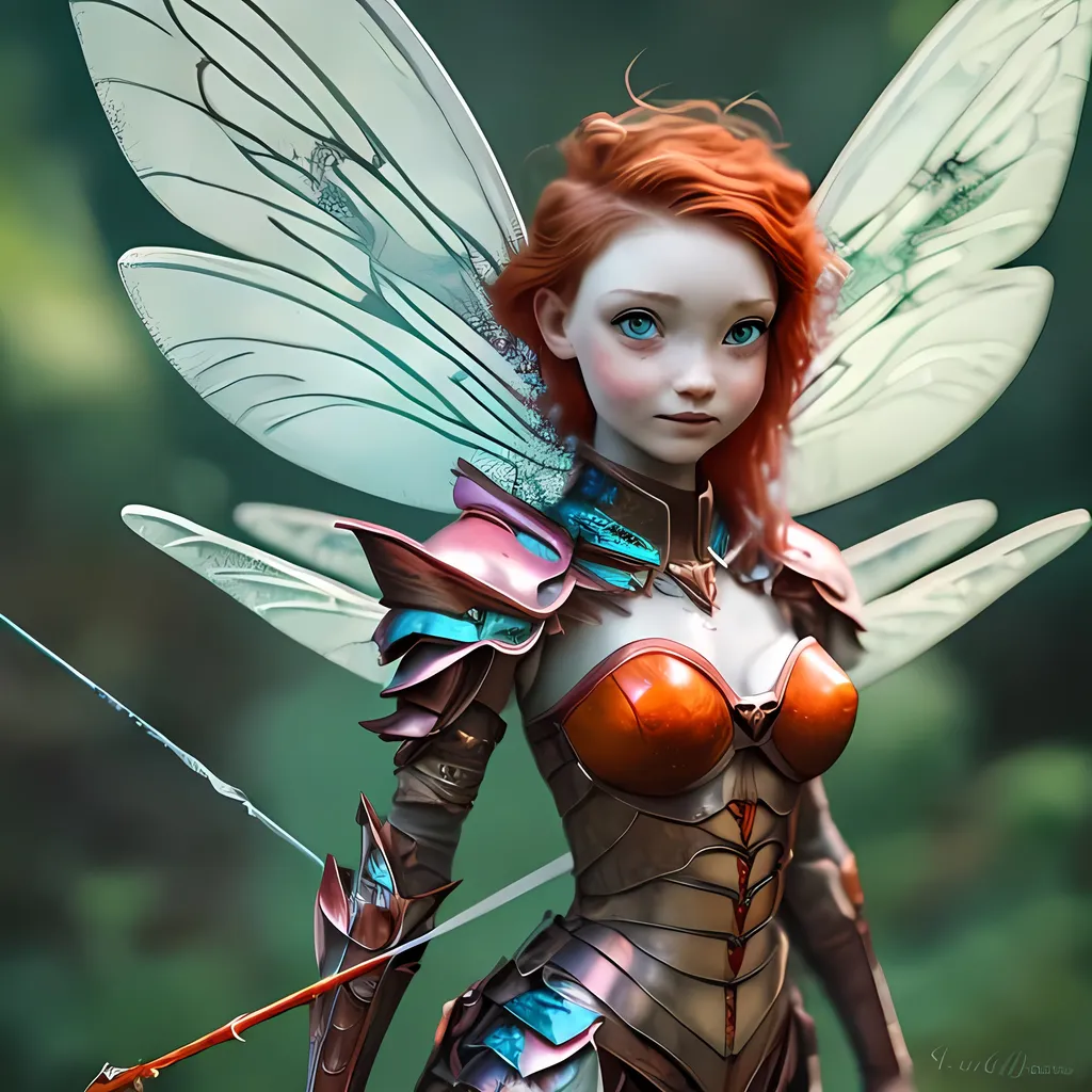 Prompt: fairy in armor with dragonfly wings, short red hair, bright orange eyes, many freckles, sharp teeth, has a lance, looks like an adult