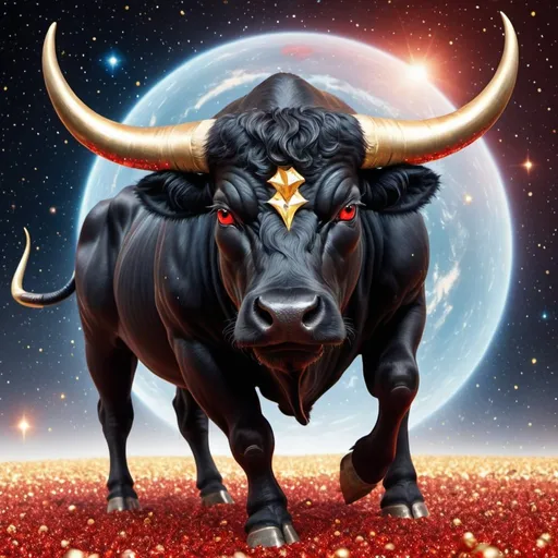 Prompt: A Black Bull with gleaming gold horns and red eyes rolling around in a sea of diamonds and outer space for background