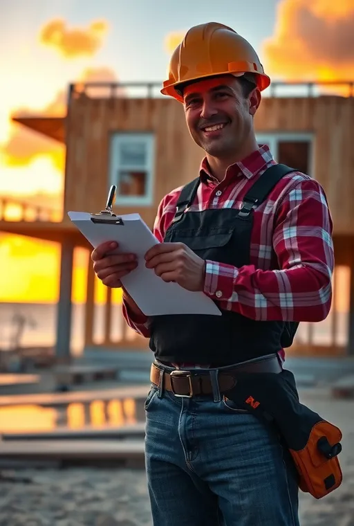 Prompt: photorealistic, (man in hard hat), (clipboard and pen), examining, (framing of house under construction), (beach and ocean sunset), warm colors, friendly glow, ambient light, intricate details, soft reflections on water, cloud formations in vibrant oranges and pinks, (high detail), (4K), inviting atmosphere, serene construction site, (dynamic interplay of light).