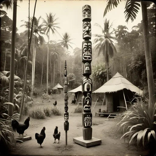 Prompt: A vintage collodion photo of a tall wooden totem in the jungle near a couple grass huts. some chickens and a black dog nearby. 