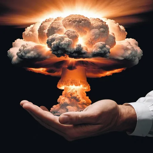 Prompt: A nuclear explosion mushroom cloud in a man's hand