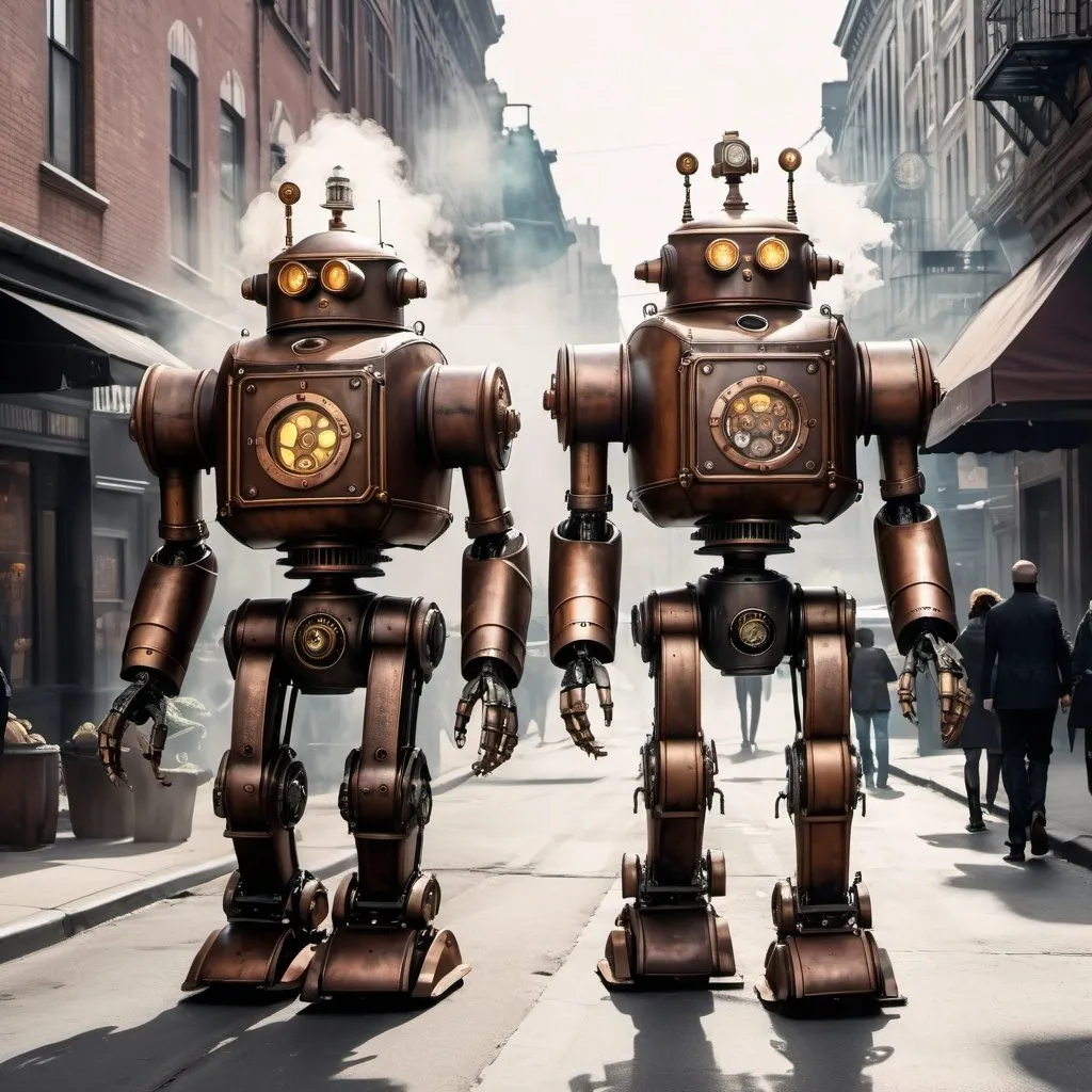 Prompt: 2 large steam punk robots walking down a city street