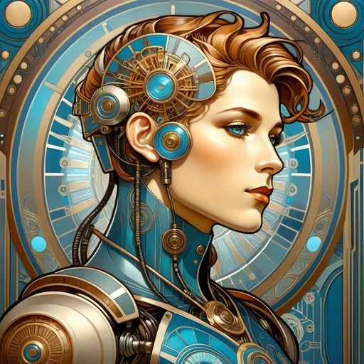 Prompt: a art nouveau image of a futuristic character that appears to be a male humanoid robot or cyborg. The subject has a metallic face and neck, with various panels and rivets giving it a mechanical appearance with wood accents. The eyes are glowing blue, suggesting some form of advanced optics or sensors. The hair, though metallic, is styled in a manner similar to human hair. The overall aesthetic is sleek and streamlined, with a hint of retro-futuristic design, reminiscent of classic sci-fi interpretations of robots. The full body visible in the image suggests a well-engineered, high-tech build, suitable for a science fiction setting. Background has symbols of cogs, gears, and electricity. angular face, thick lines, intricate details, beautiful colors, high quality, art nouveau, intricate design, vibrant colors, symbolic elements, graceful movement, detailed illustration,