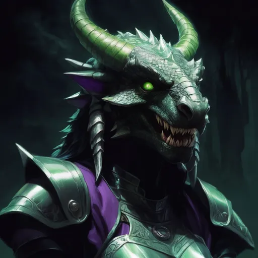 Prompt: Dragonborn woman, dark green scales, glowing violet eyes, black horns, smirking, pointed teeth, green leather armor, black shirt, looking at viewer, sketched style, dungeons and dragons art style, portrait, highres, detailed, fantasy, intense gaze, storm setting, medieval, dark lighting, detailed facial features, detailed scales, traditional art style, atmospheric lighting