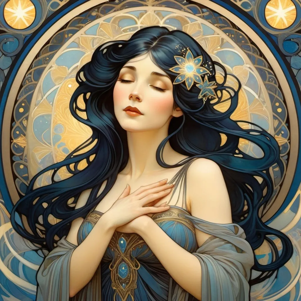 Prompt: Medieval Art Nouveau style artwork featuring an woman with an ethereal appearance. Her arms are outstretched, with magic sparkling from her open palms. She has long, blue-black hair swirling above her head and a long, angular face with an soft expression. Her eyes glow with a pale yellow light. She is wearing long, heavy thick hooded dark robes that billow around her. The scene is set against a backdrop of dark night colors, with symbols of stars, moons, intricately woven into the design, no beard, clean shaven, intricate design, detailed fingers 