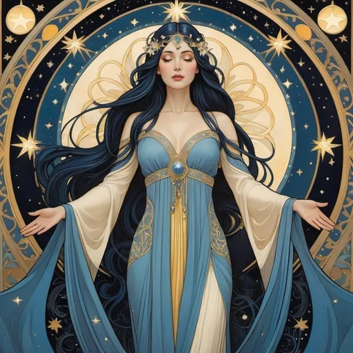 Prompt: Medieval Art Nouveau style artwork featuring an woman with an ethereal appearance. Her arms are outstretched, with magic sparkling from her open palms. She has long, blue-black hair swirling above her head and a long, angular face with an soft expression. Her eyes glow with a pale yellow light. She is wearing long, heavy thick hooded dark robes that billow around her. The scene is set against a backdrop of dark night colors, with symbols of stars, moons, intricately woven into the design, no beard, clean shaven, intricate design, detailed fingers 