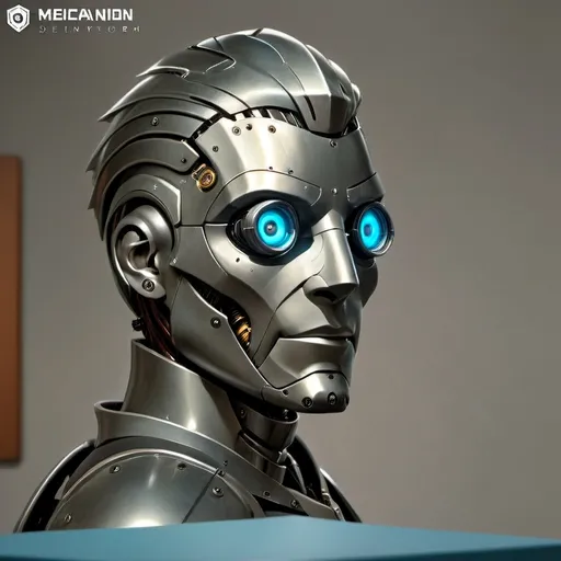 Prompt: a futuristic character that appears to be a humanoid robot or cyborg. The subject has a metallic face and neck, with various panels and rivets giving it a mechanical appearance with wood accents. The eyes are glowing blue, suggesting some form of advanced optics or sensors. The hair, though metallic, is styled in a manner similar to human hair. The overall aesthetic is sleek and streamlined, with a hint of retro-futuristic design, reminiscent of classic sci-fi interpretations of robots. The upper body visible in the image suggests a well-engineered, high-tech build, suitable for a science fiction setting.