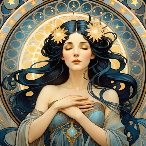 Prompt: Medieval Art Nouveau style artwork featuring an woman with an ethereal appearance. Her arms are outstretched, with magic sparkling from her open palms. She has long, blue-black hair swirling above her head and a long, angular face with an soft expression. Her eyes glow with a pale yellow light. She is wearing long, heavy thick hooded dark robes that billow around her. The scene is set against a backdrop of dark night colors, with symbols of stars, moons, intricately woven into the design, no beard, clean shaven, intricate design, detailed fingers 