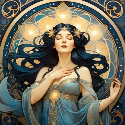 Prompt: Medieval Art Nouveau style artwork featuring an woman with an ethereal appearance. Her arms are outstretched, with magic sparkling from her open palms. She has long, blue-black hair swirling above her head and a long, angular face with an soft expression. Her eyes glow with a pale yellow light. She is wearing long, heavy thick hooded dark robes that billow around her. The scene is set against a backdrop of dark night colors, with symbols of stars, moons, intricately woven into the design, no beard, clean shaven, intricate design, detailed fingers 