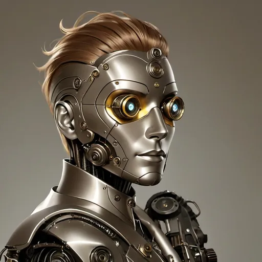 Prompt:  futuristic character that appears to be a The character has a distinctly robotic or automaton appearance, with a metallic, expressionless face. Hinged mouth and jaw. Riviets and bolts, metal plates, The eyes are large and circular, glowing a bright yellow, which enhances the character's eerie and mechanical nature. Her hair is styled in a neat, classic wave, reminiscent of mid-20th-century hairstyles. The character is dressed in formal attire, featuring a collared shirt and a tie, along with a blazer or jacket. The clothing is also metallic, matching the rest of the character's body, which suggests that the entire figure is made of metal. The overall aesthetic combines elements of retro fashion with a robotic, steampunk vibe, creating a character that looks both vintage and futuristic at the same time. The neutral background and focused lighting help to emphasize the details and design of the character. humanoid robot or cyborg. The subject has a metallic face and neck, with various panels and rivets giving it a mechanical appearance with wood accents. The eyes are glowing blue, suggesting some form of advanced optics or sensors. The hair, though metallic, is styled in a manner similar to human hair. The overall aesthetic is sleek and streamlined, with a hint of retro-futuristic design, reminiscent of classic sci-fi interpretations of robots. The upper body visible in the image suggests a well-engineered, high-tech build, suitable for a science fiction setting. Background has symbols of cogs, gears, and electricity.