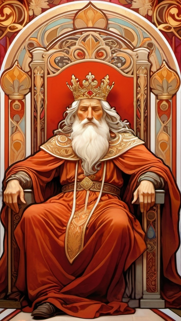 Prompt: Medieval Art Nouveau style artwork featuring an old man with an somber ancient appearance. A king in full regalia, wearing 
a crown,  Sitting on a throne, slumped over, asleep, eyes closed, The scene is set against a backdrop of subdued regal red gold colors, with symbols of royalty, lions, and crowns intricately woven into the design, long white hair, long white beard, intricate design, detailed fingers 