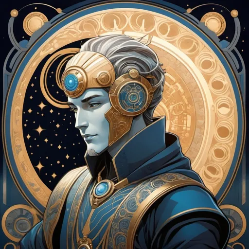 Prompt: a art nouveau image of a futuristic character that appears to be a male humanoid robot or cyborg. The subject has a metallic face and neck, with various panels and rivets giving it a mechanical appearance with wood accents. The eyes are glowing blue, suggesting some form of advanced optics or sensors. The hair, though metallic, is styled in a manner similar to human hair. The overall aesthetic is sleek and streamlined, with a hint of retro-futuristic design, reminiscent of classic sci-fi interpretations of robots. The upper body visible in the image suggests a well-engineered, high-tech build, suitable for a science fiction setting. Background has symbols of cogs, gears, and electricity. angular face, thick lines, intricate details, beautiful colors, high quality, art nouveau, intricate design, vibrant colors, symbolic elements, graceful movement, detailed illustration,