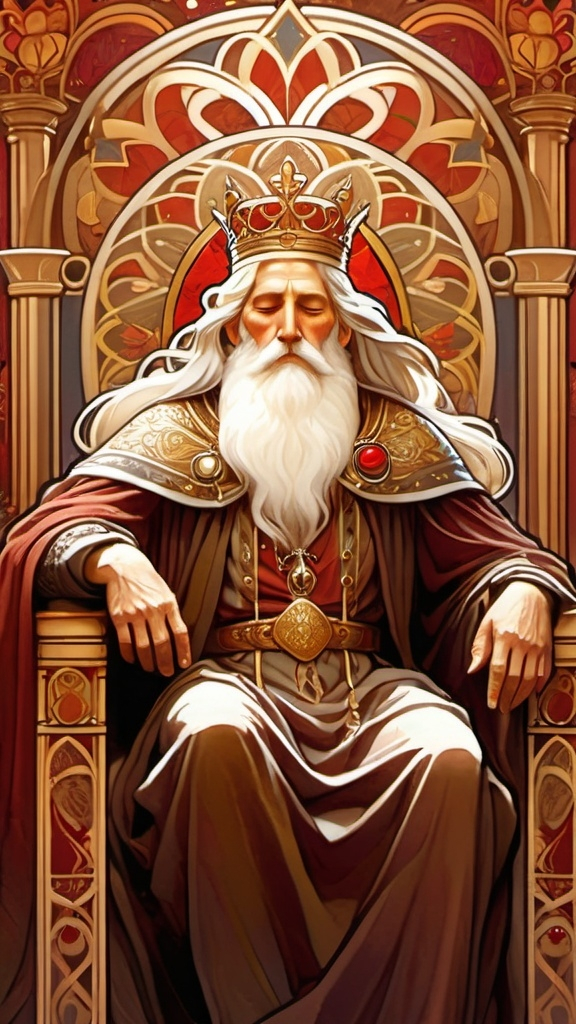 Prompt: Medieval Art Nouveau style artwork featuring an old man with an somber ancient appearance. A king in full regalia, wearing 
a crown,  Sitting on a throne, slumped over, asleep, eyes closed, The scene is set against a backdrop of subdued regal red gold colors, with symbols of royalty, lions, and crowns intricately woven into the design, long white hair, long white beard, intricate design, detailed fingers 