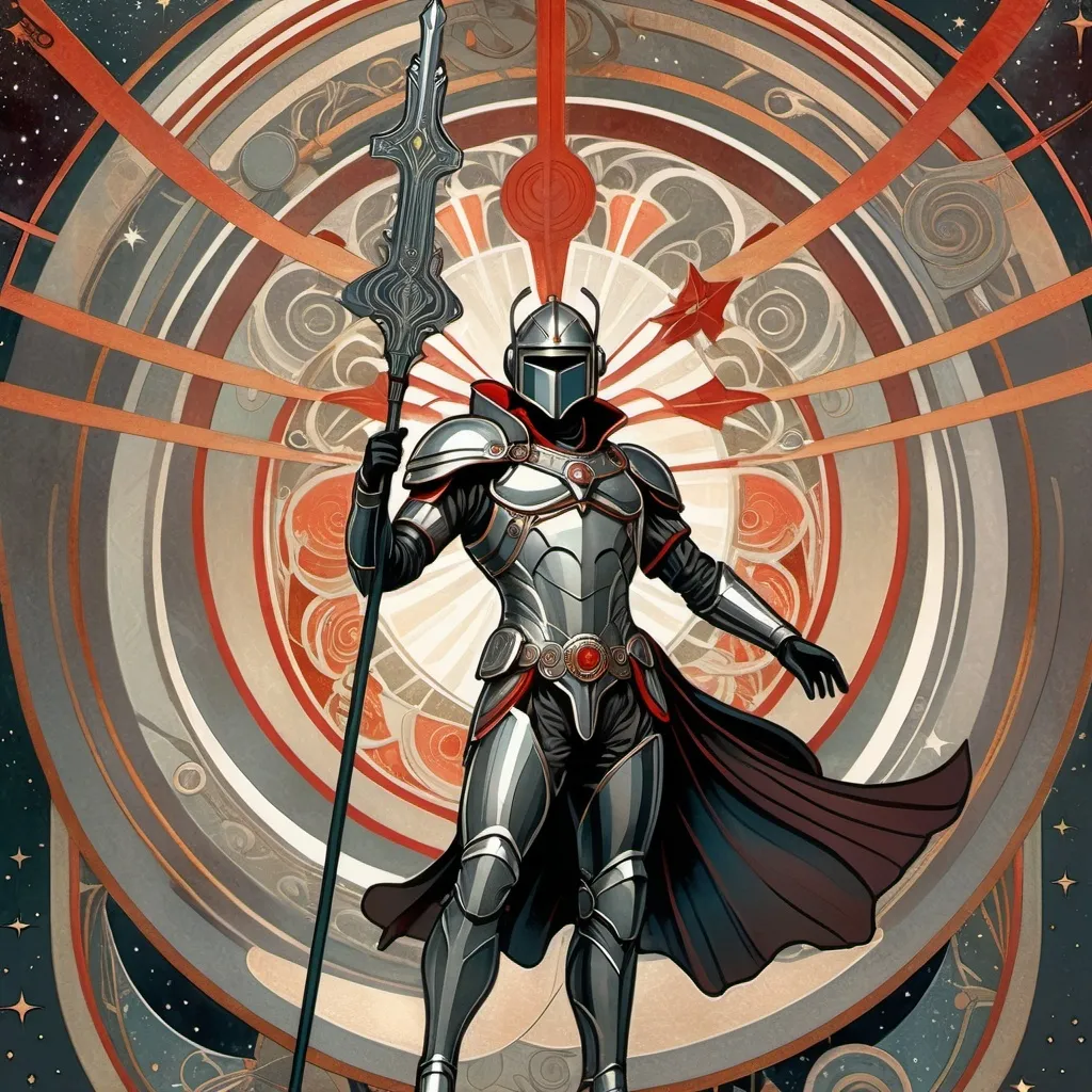 Prompt: Alphonse Mucha style illustration of a full body man, science fiction, futuristic armor, helmet, gray robes, laser rifle, metal staff, symbols of red stars, nebula, shadows, thick lines, intricate details, dark colors, high quality, art nouveau, , intricate design, subdued colors, symbolic elements, graceful movement, detailed illustration,