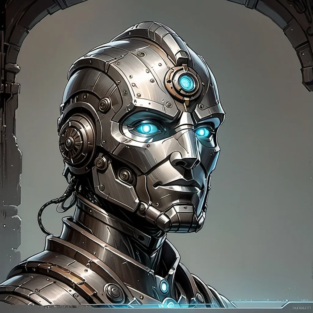 Prompt: A comic style drawing of a warforged character in fantasy setting, automation man, embossed metal hair, hinged mouth and jaw, detailed nose, lensed eyes, dungeons and dragons style art, Clint Cearley, epic fantasy character art, character portrait, detailed metal and textures, simple details, fantasy, epic, metal body with embossed clothing details, mechanical gaze, fantasy setting, detailed fantasy art, professional, atmospheric lighting, thick lines, flat colors,