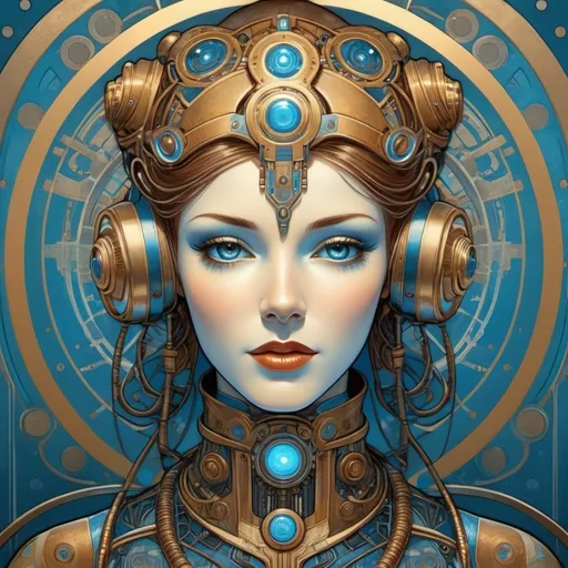 Prompt: a art nouveau image of a futuristic character that appears to be a humanoid robot or cyborg. The subject has a metallic face and neck, with various panels and rivets giving it a mechanical appearance with wood accents. The eyes are glowing blue, suggesting some form of advanced optics or sensors. The hair, though metallic, is styled in a manner similar to human hair. The overall aesthetic is sleek and streamlined, with a hint of retro-futuristic design, reminiscent of classic sci-fi interpretations of robots. The upper body visible in the image suggests a well-engineered, high-tech build, suitable for a science fiction setting. Background has symbols of cogs, gears, and electricity.
