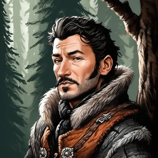 Prompt: a painting of a man in a forest with a fur collar and a fur lined vest on his shoulders, Cedric Seaut (Keos Masons), fantasy art, fantasy character portrait, a character portrait