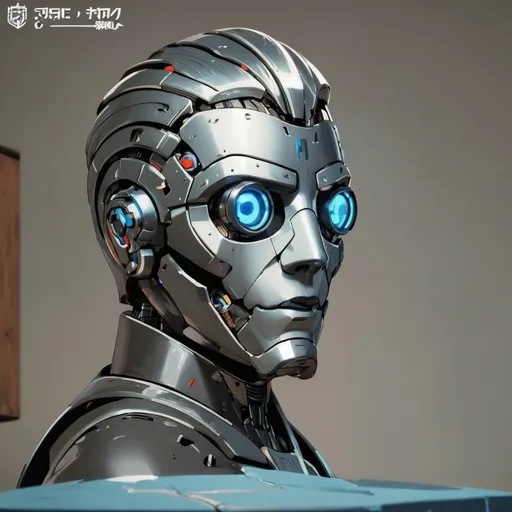 Prompt: image of a futuristic character that appears to be a male humanoid robot. The subject has a metallic face and neck, with various panels and rivets giving it a mechanical appearance with wood accents. The eyes are glowing blue, suggesting some form of advanced optics or sensors. The hair, though metallic, is styled in a manner similar to human hair. The overall aesthetic is sleek and streamlined, with a hint of retro-futuristic design, reminiscent of classic sci-fi interpretations of robots. The upper body visible in the image suggests a well-engineered, high-tech build, suitable for a science fiction setting. Background has symbols of cogs, gears, and electricity.