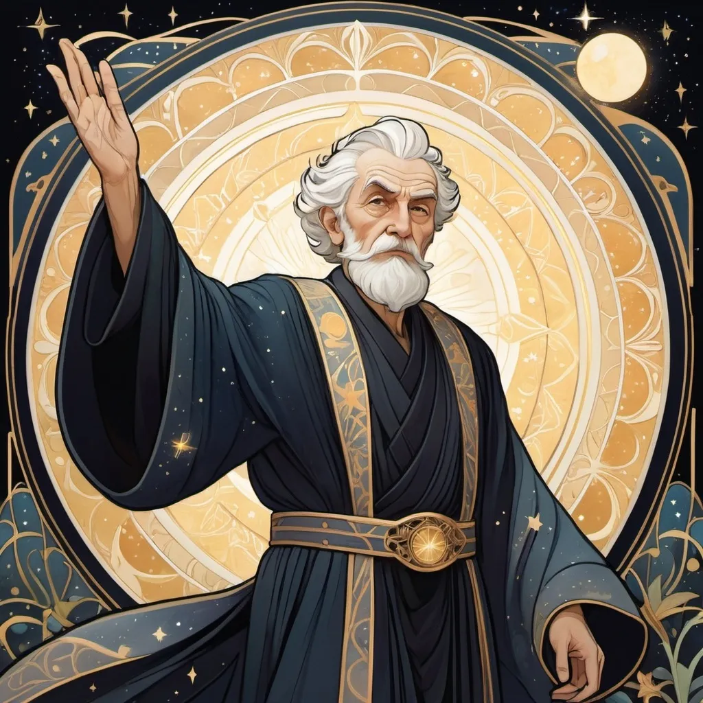 Prompt: Art Nouveau style artwork featuring an old man with an ethereal appearance. His arm is raised, with magic sparking from his open palm. He has short, white hair swirling above his head and a lined, beardless face with an angry expression. His eyes glow a pale yellow. He is wearing long, flowing dark robes that billow around him. The scene is set against a backdrop of soft night colors, with symbols of stars, moons, and space intricately woven into the design, no beard, clean shaven, intricate design,