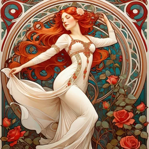 Prompt: Alphonse Mucha style illustration of a full body woman, long red hair, flowing white lace dress with long sleeves, dancing, twirling in place on one foot, leg kicking backward, bent at the waist, arms outstretched, standing on one foot, angular face, symbols of red rose bushes, thorns, leaves, thick lines, intricate details, beautiful colors, high quality, art nouveau, flowing hair, intricate design, vibrant colors, symbolic elements, graceful movement, detailed illustration,