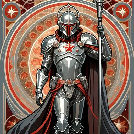 Prompt: Alphonse Mucha style illustration of a full body man, science fiction, futuristic armor, helmet, gray robes, laser rifle, metal staff, symbols of red stars, nebula, shadows, thick lines, intricate details, dark colors, high quality, art nouveau, , intricate design, subdued colors, symbolic elements, graceful movement, detailed illustration,