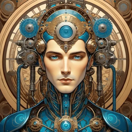 Prompt: a art nouveau image of a futuristic character that appears to be a male humanoid robot. The subject has a metallic face and neck, with various panels and rivets giving it a mechanical appearance with wood accents. The eyes are glowing blue, suggesting some form of advanced optics or sensors. The hair, though metallic, is styled in a manner similar to human hair. The overall aesthetic is sleek and streamlined, with a hint of retro-futuristic design, reminiscent of classic sci-fi interpretations of robots. The upper body visible in the image suggests a well-engineered, high-tech build, suitable for a science fiction setting. Background has symbols of cogs, gears, and electricity. angular face, thick lines, intricate details, beautiful colors, high quality, art nouveau, intricate design, vibrant colors, symbolic elements, graceful movement, detailed illustration,