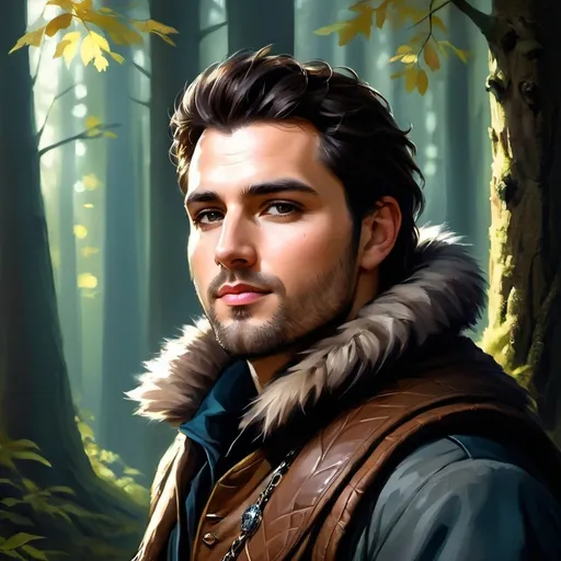 Prompt: a painting of a man in a forest with a fur collar and a fur lined vest on his shoulders, Cedric Seaut (Keos Masons), fantasy art, fantasy character portrait, a character portrait