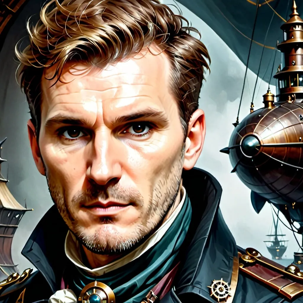 Prompt: a middle aged man with a scarf around his neck looking at the camera with a serious look on his face and shoulders, naval coat, steampunk airship captain, dungeons and dragons style art, Andrei  Kolkoutine, renaissance, rutkowski, a character portrait