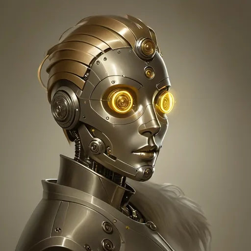 Prompt:  futuristic character that appears to be a The character has a distinctly robotic or automaton appearance, with a metallic, expressionless face. Hinged mouth and jaw. Riviets and bolts, metal plates, The eyes are large and circular, glowing a bright yellow, which enhances the character's eerie and mechanical nature. Her hair is styled in a neat, classic wave, reminiscent of mid-20th-century hairstyles. The character is dressed in formal attire, featuring a collared shirt and a tie, along with a blazer or jacket. The clothing is also metallic, matching the rest of the character's body, which suggests that the entire figure is made of metal. The overall aesthetic combines elements of retro fashion with a robotic, steampunk vibe, creating a character that looks both vintage and futuristic at the same time. The neutral background and focused lighting help to emphasize the details and design of the character. humanoid robot or cyborg. The subject has a metallic face and neck, with various panels and rivets giving it a mechanical appearance with wood accents. The eyes are glowing blue, suggesting some form of advanced optics or sensors. The hair, though metallic, is styled in a manner similar to human hair. The overall aesthetic is sleek and streamlined, with a hint of retro-futuristic design, reminiscent of classic sci-fi interpretations of robots. The upper body visible in the image suggests a well-engineered, high-tech build, suitable for a science fiction setting. Background has symbols of cogs, gears, and electricity.