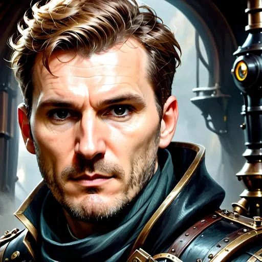 Prompt: a middle aged man with a scarf around his neck looking at the camera with a serious look on his face and shoulders, naval coat, steampunk airship captain, dungeons and dragons style art, Andrei  Kolkoutine, renaissance, rutkowski, a character portrait