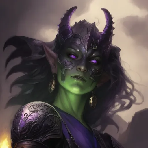 Prompt: Dragonborn woman, black scales, glowing violet eyes, snake eyes, black pupils, black jagged horns, hairless, smirking, pointed teeth, green leather armor, black shirt, looking at viewer, sketched style, dungeons and dragons art style, portrait, highres, detailed, fantasy, intense gaze, storm setting, medieval, dark lighting, detailed facial features, detailed scales, traditional art style, atmospheric lighting