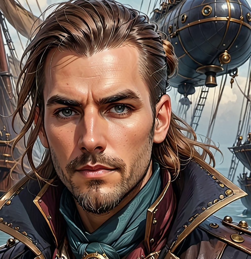 Prompt: a man with a scarf around his neck looking at the camera with a serious look on his face and shoulders, long hair in 1700s ponytail, navel coat, steampunk airship captain, dungeons and dragons style art, Andrei  Kolkoutine, renaissance, rutkowski, a character portrait