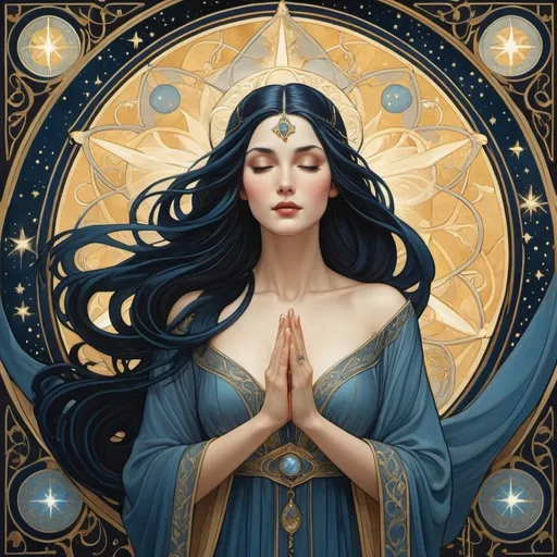 Prompt: Medieval Art Nouveau style artwork featuring an woman with an ethereal appearance. Her arms are outstretched, with magic sparkling from her open palms. She has long, blue-black hair swirling above her head and a long, angular face with an soft expression. Her eyes glow with a pale yellow light. She is wearing long, heavy thick hooded dark robes that billow around her. The scene is set against a backdrop of dark night colors, with symbols of stars, moons, intricately woven into the design, no beard, clean shaven, intricate design, detailed fingers 