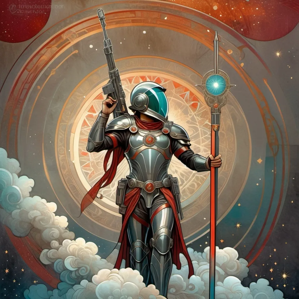 Prompt: Alphonse Mucha style illustration of a full body man, science fiction, futuristic armor, helmet, gray robes, laser rifle, metal staff, symbols of red stars, nebula, shadows, thick lines, intricate details, dark colors, high quality, art nouveau, , intricate design, subdued colors, symbolic elements, graceful movement, detailed illustration,